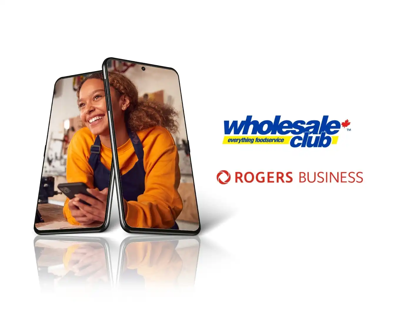 An employee rests on the counter within a phone screen above the red Rogers Business logo and yellow and blue wholesale club logos 