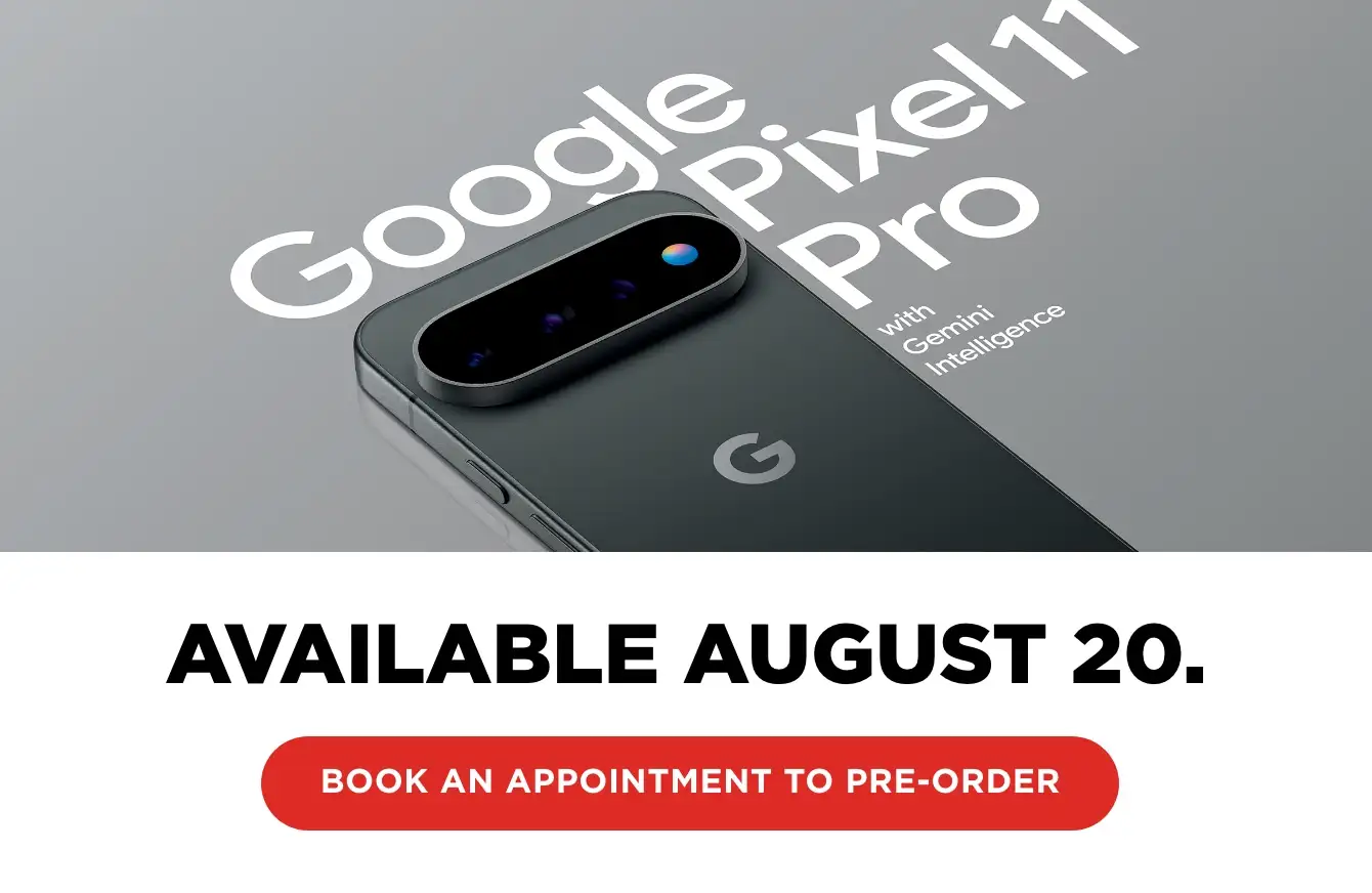 The back of silver Google Pixel 11 Pro pictured below "Google Pixel 11 pro" next to a red rectangle containing "Preorder now, available August 20"