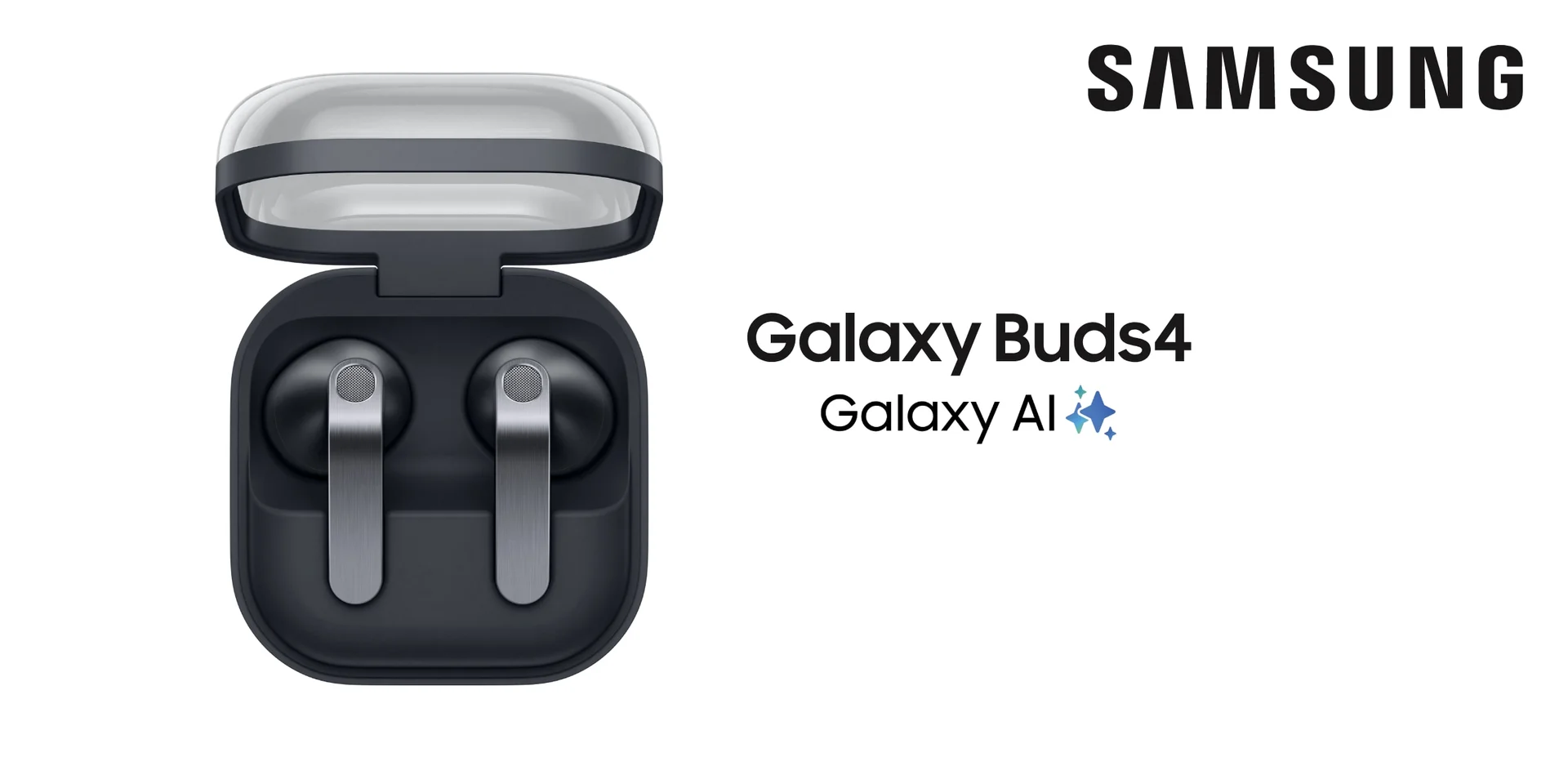 Des Galaxy Buds noirs sortent d'un étui Galaxy Buds4 sur fond blanc, sous un logo Samsung noir.