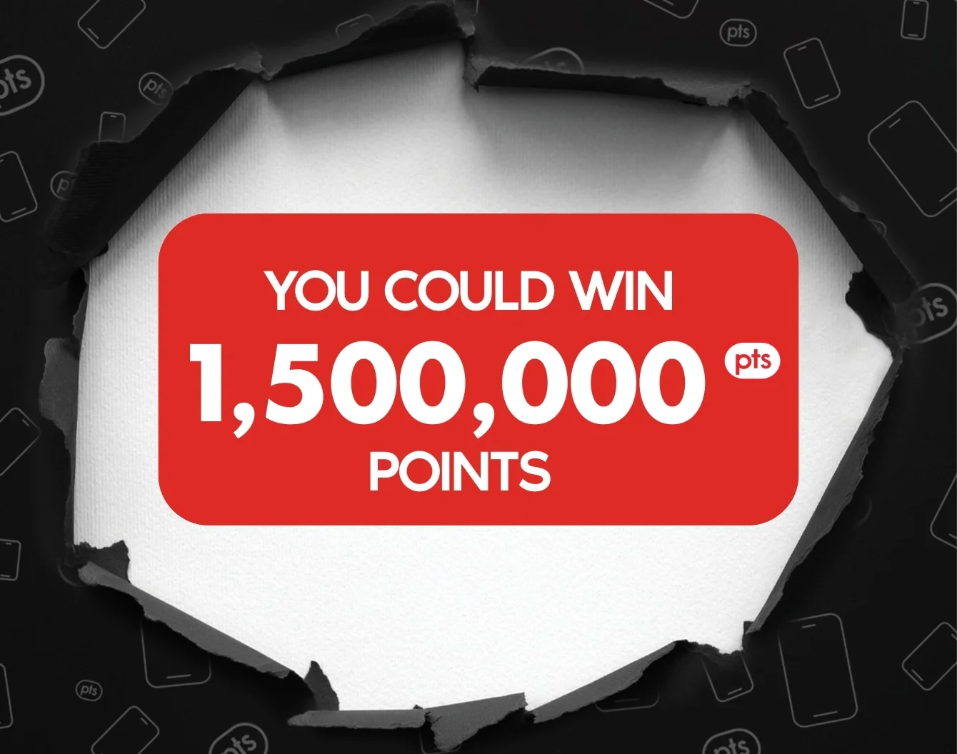 Paper is ripped open to reveal "Win 1,500,000 PC Optimum points" in white text against a red box 