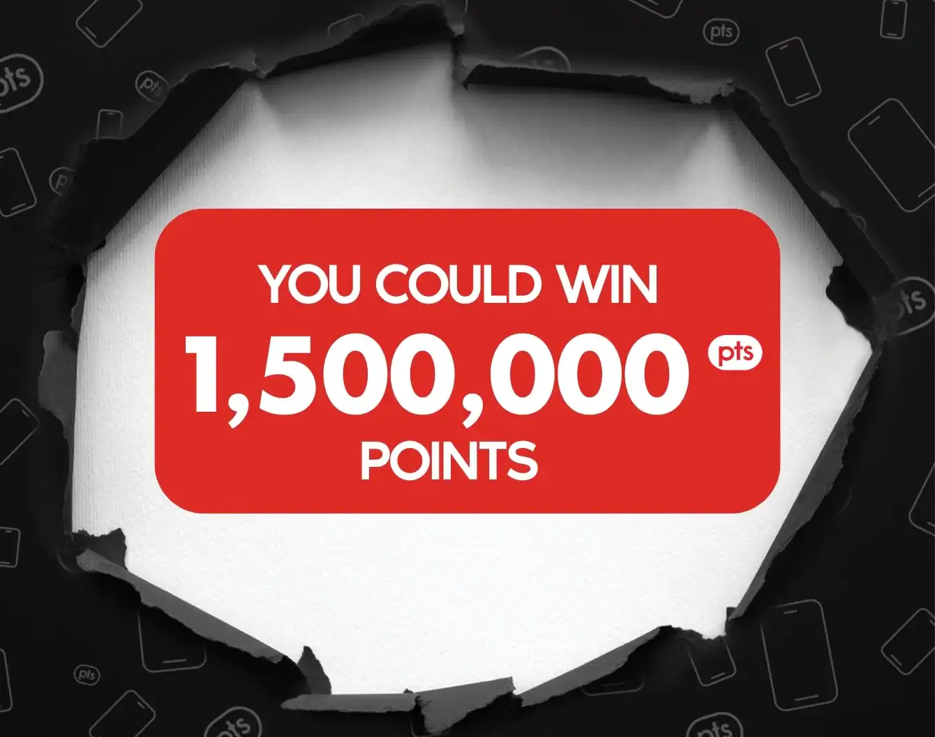 Paper is ripped open to reveal "Win 1,500,000 PC Optimum points" in white text against a red box 