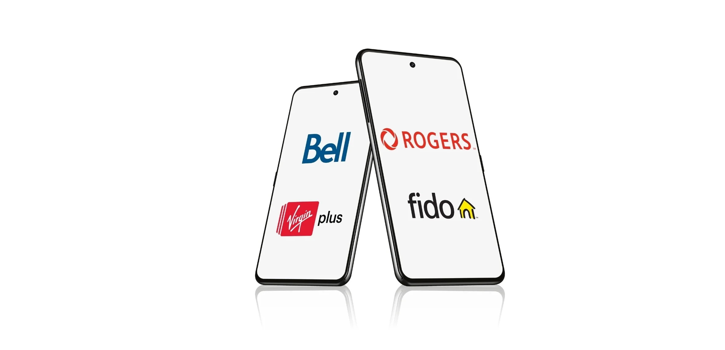 Angled blank smartphone screen on the right side displays  Rogers, Bell logos and leaning against it on the left side blank screen displays Virgin Plus and Fido logos