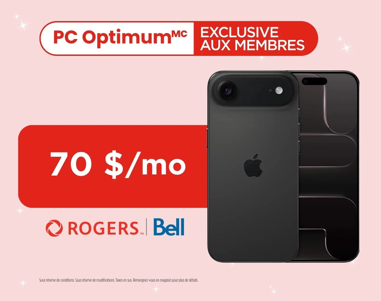 L'avant d'un iPhone Air noir sur un fond rose, sous un macaron rouge qui indique « Membres PC Optimum seulement »