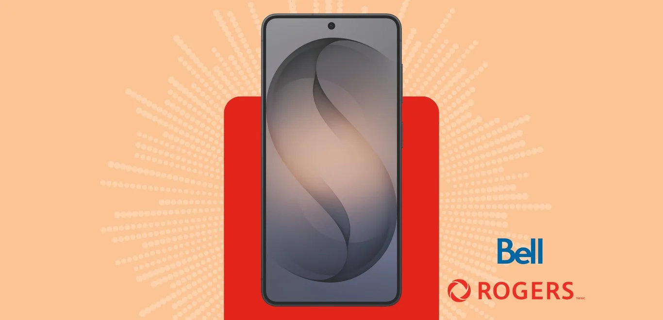 A black Galaxy S26 front facing device against an orange background covered in yellow fireworks next to Rogers and Bell logo.