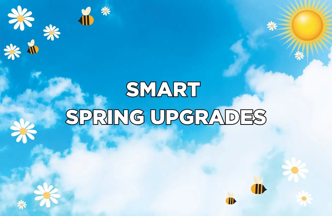 "Smart spring upgrades" on a blue sky and white flowered background 