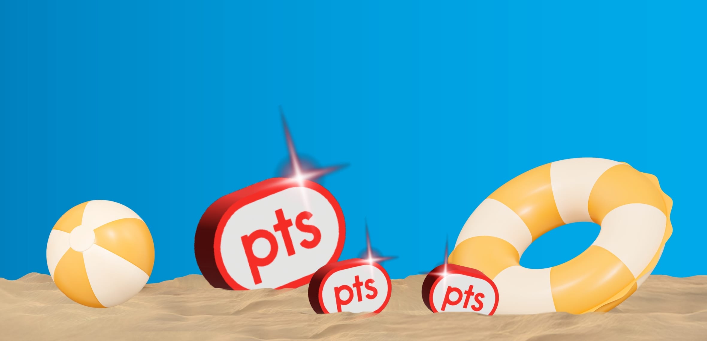 Les palets rouges PC Optimum points rebondissent comme des ballons de plage sur le sable d'une plage avec un ciel bleu au-dessus