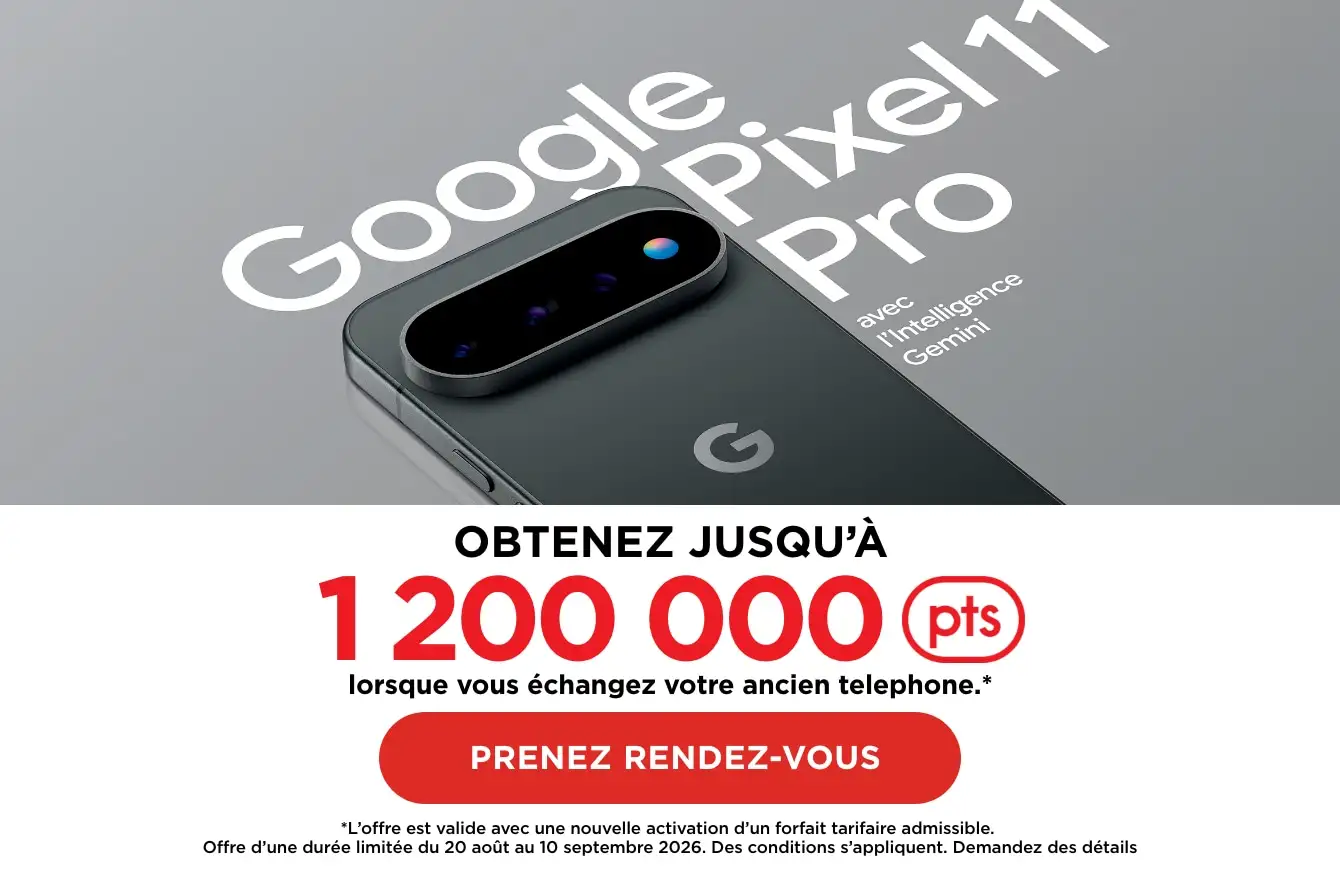 Le dos d'un Google Pixel 11 Pro argenté, illustré sous la mention « Google Pixel 11 Pro », à côté d'un rectangle rouge contenant « Obtenez Jusqu'a 1,200,000 points ».