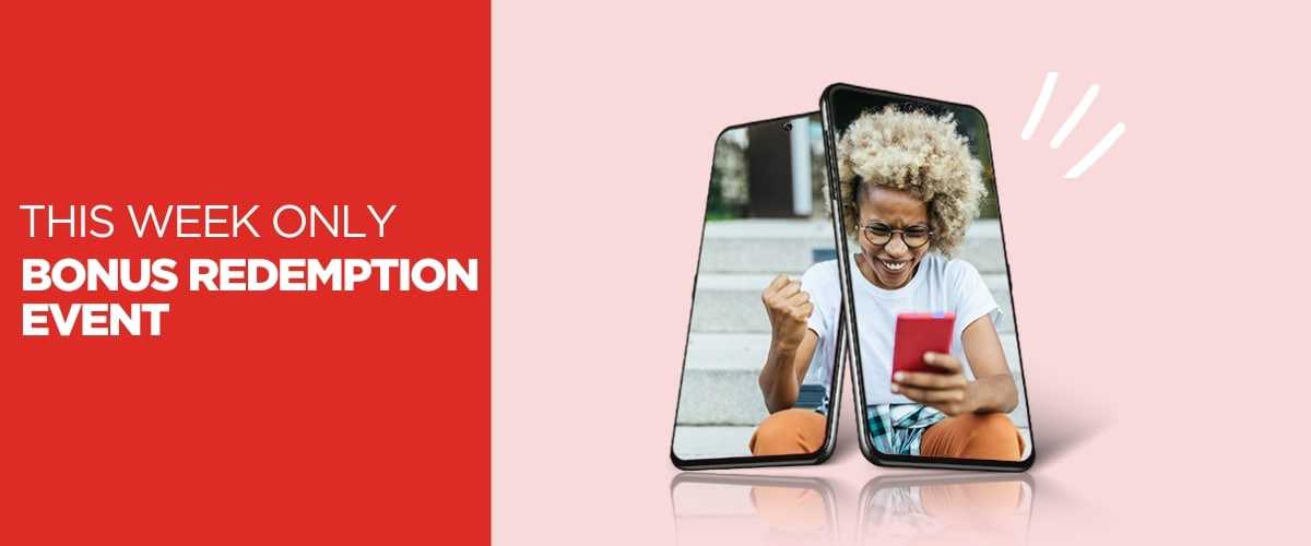 “Bonus redemption event” in white font and capital letters on a red rectangular background.