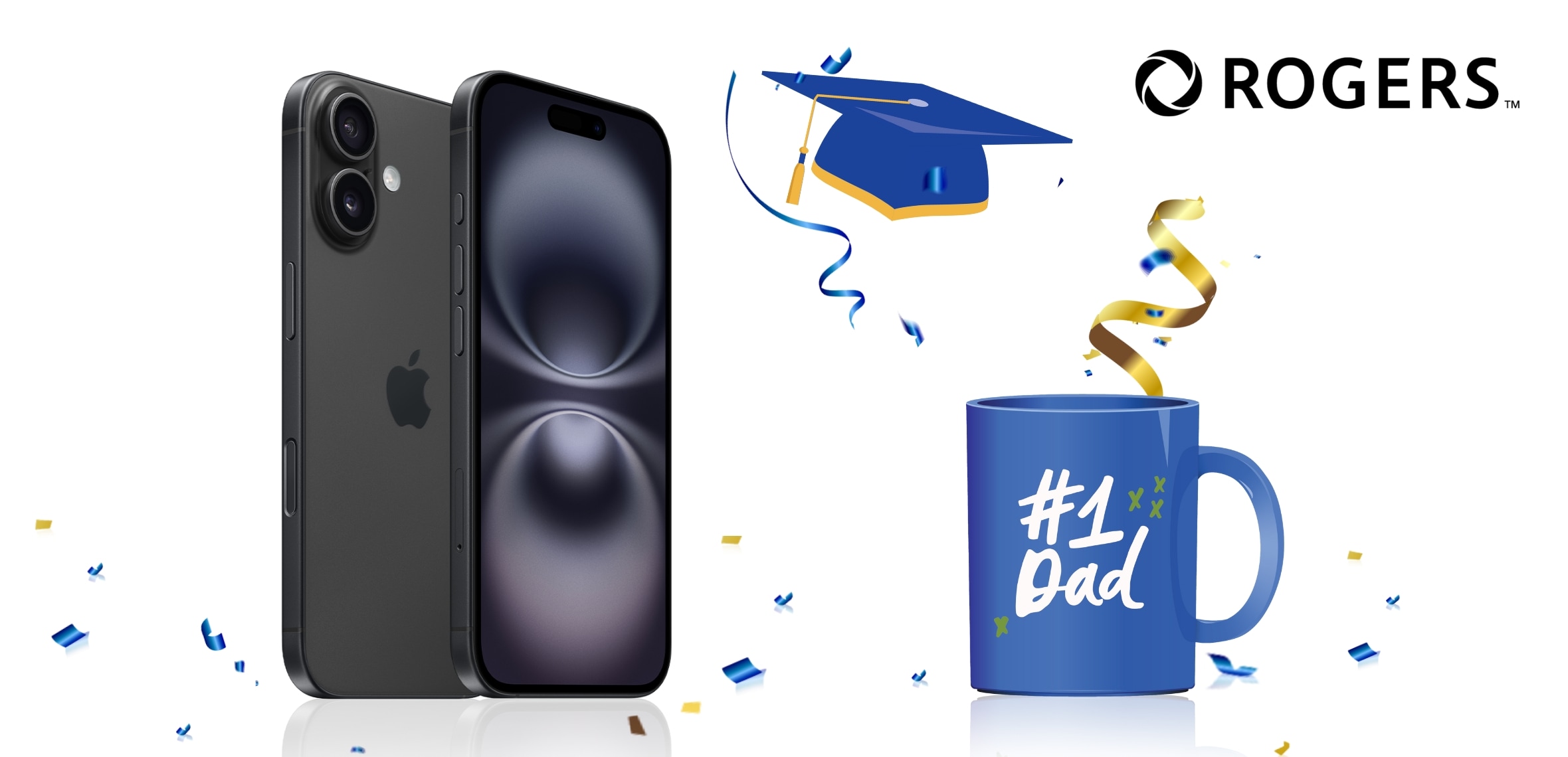 Black iPhone 16 on a white background with blue and gold confetti falling in the foreground, and a black Rogers logo in the top right corner.