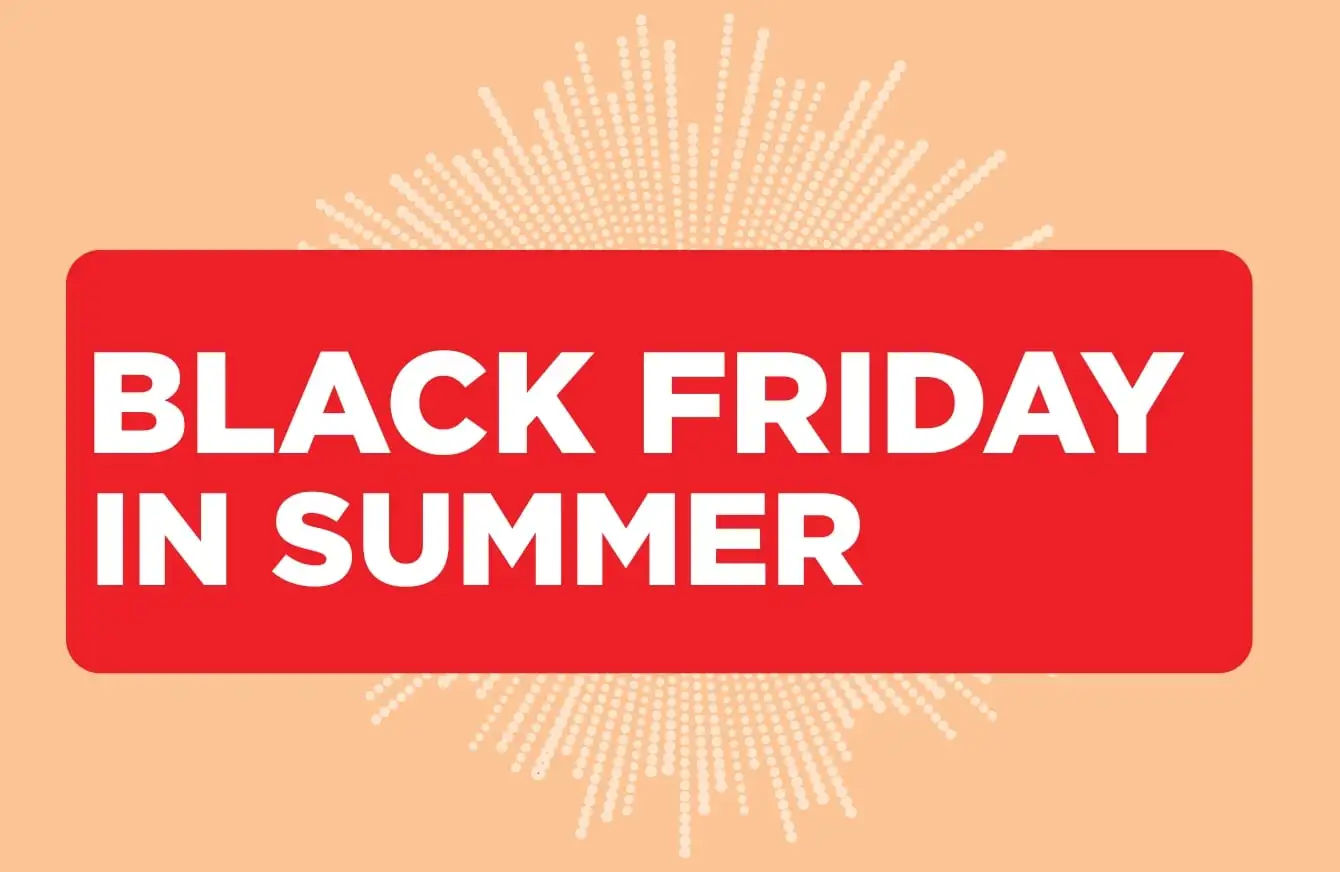 "BLACK FRIDAY IN SUMMER" in white font against an orange background covered in yellow fireworks.