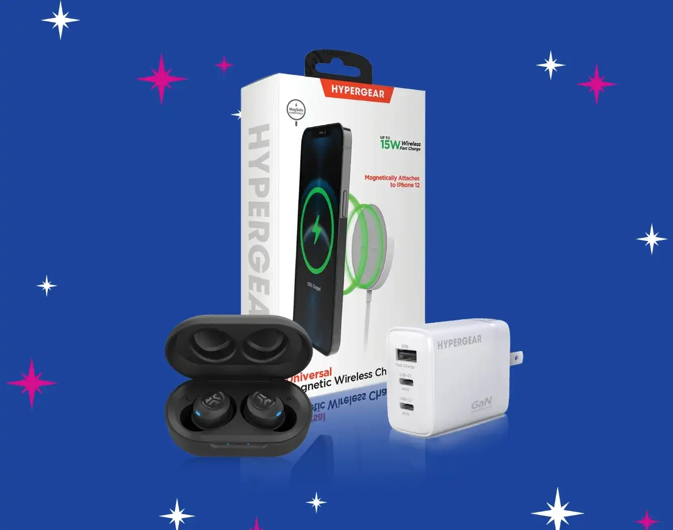 Black Jlab earbuds and white packaged Magsafe cable and charging block on a blue background with sparkles.