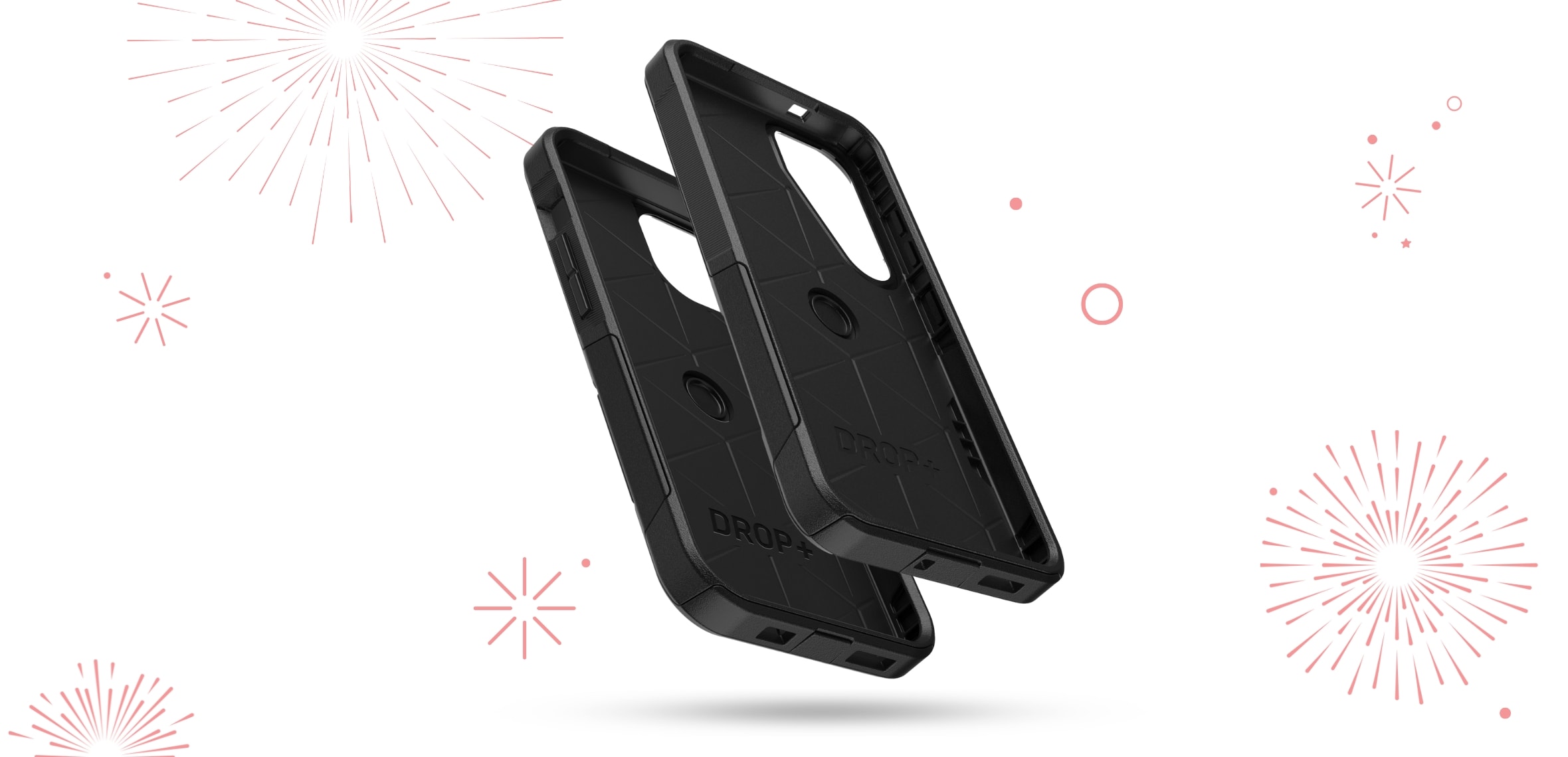 A black Otterbox case next to bright red firework bursts and a bright red maple leaf