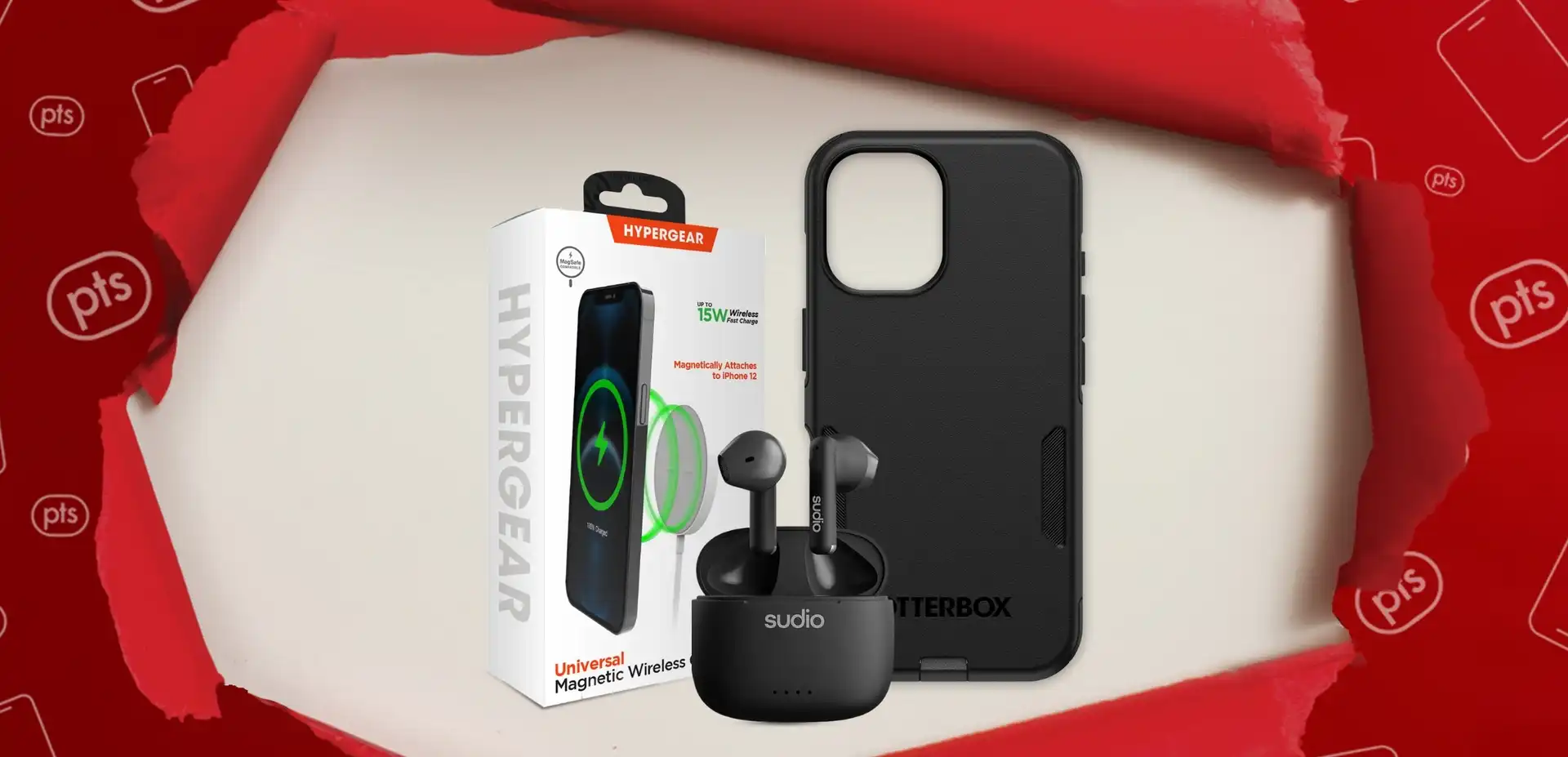 Red wrapping paper opens to reveal Otterbox black iPhone 16 case, black Sudio earbuds and Magsafe white cable cord and white powerbank.