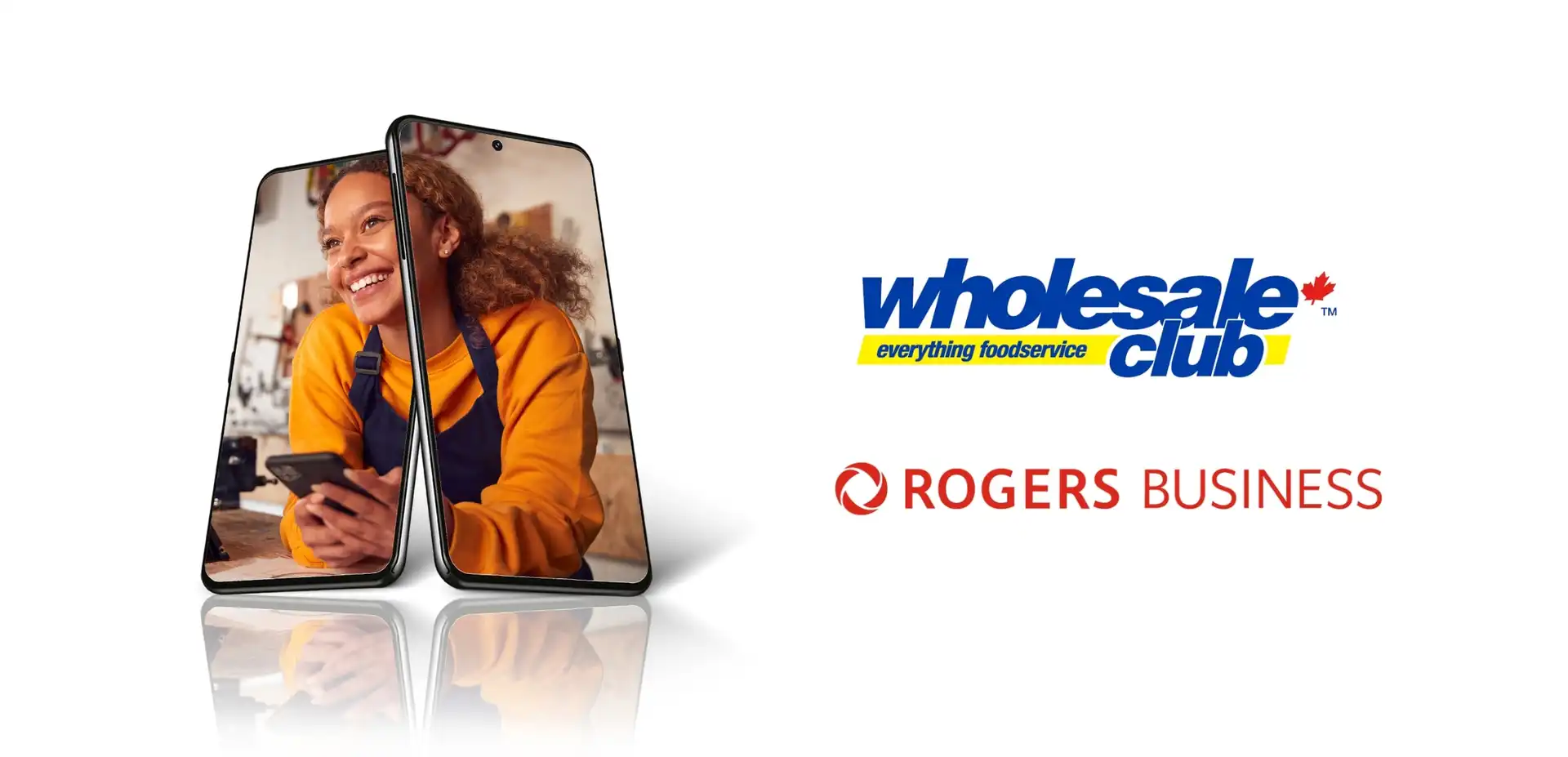 An employee rests on the counter within a phone screen above the red Rogers Business logo and yellow and blue wholesale club logos 