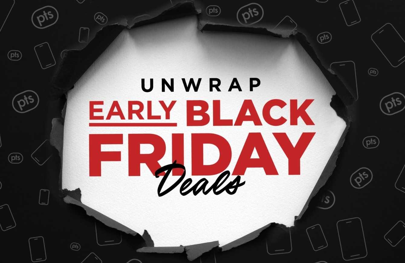 Black wrapping paper with a large tear and the words "UNWRAP EARLY BLACK FRIDAY DEALS" inside of the tear.