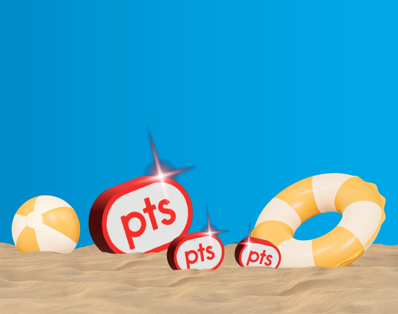 Les palets rouges PC Optimum points rebondissent comme des ballons de plage sur le sable d'une plage avec un ciel bleu au-dessus