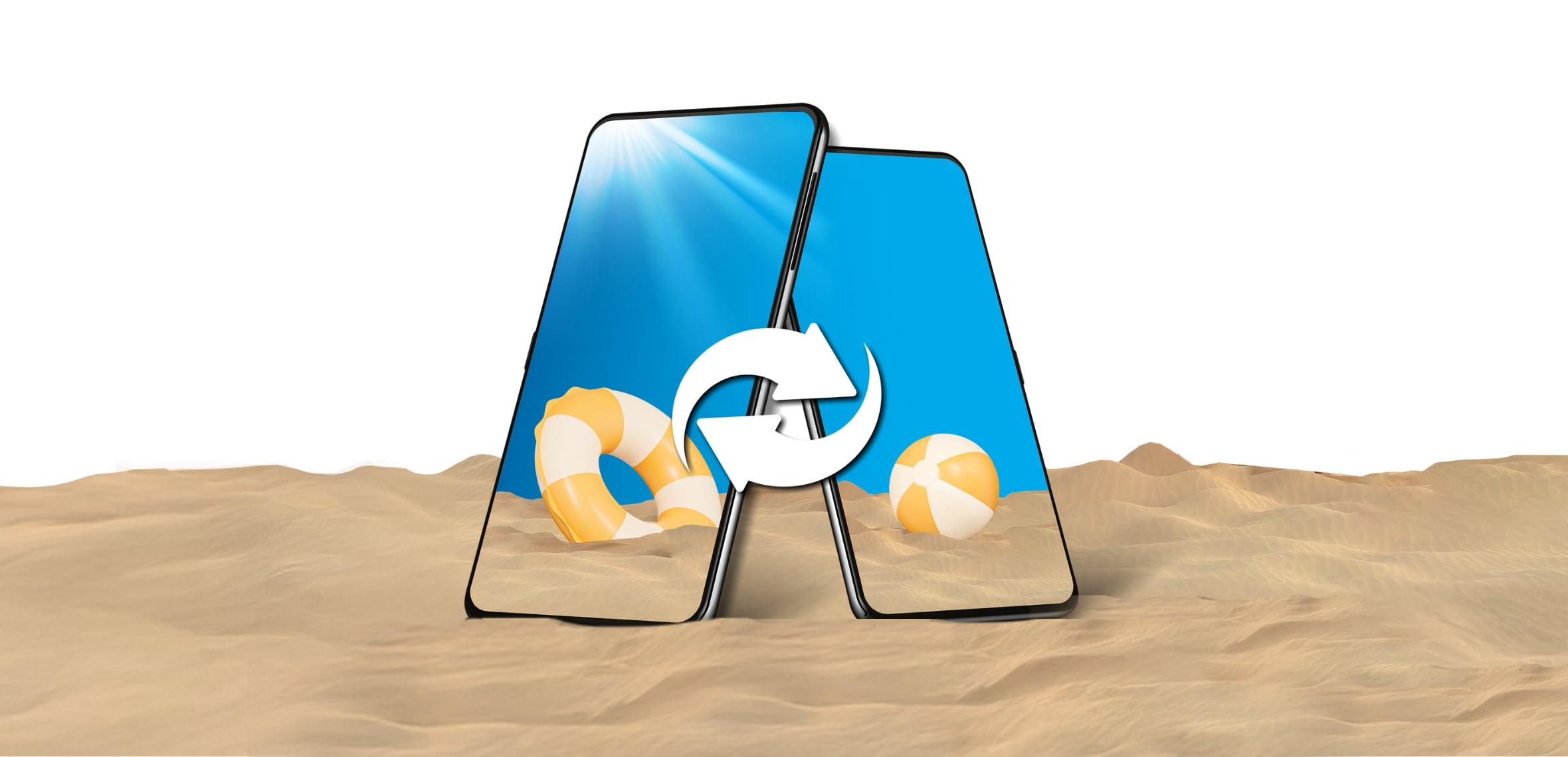 A blank phone with a yellow trade in cycle symbol rests on the sand of a beach under a blue sky.