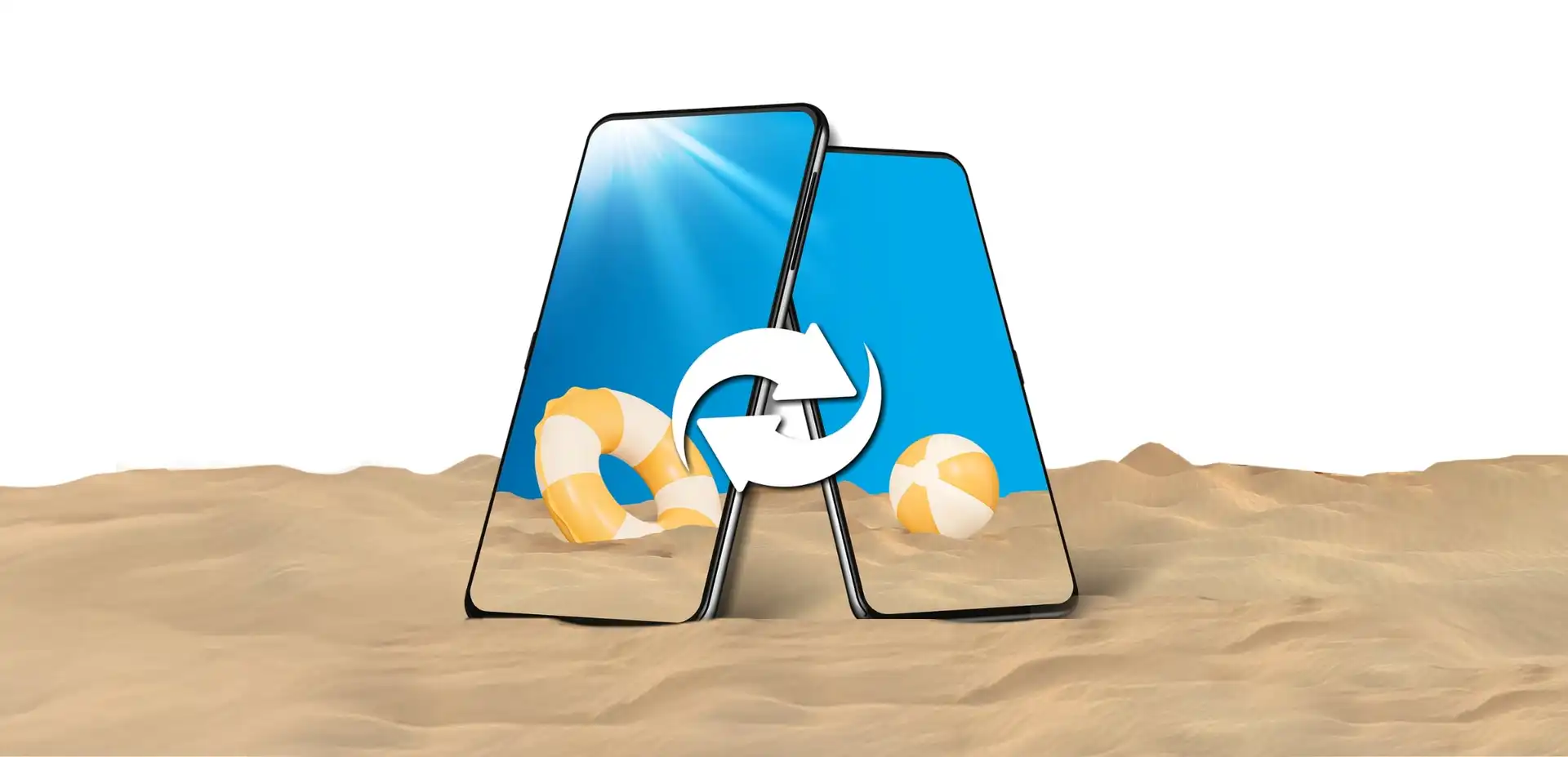 Un téléphone avec un écran vide et un symbole de reprise à l'intérieur repose sur le sable d'une plage avec un ciel bleu au-dessus.