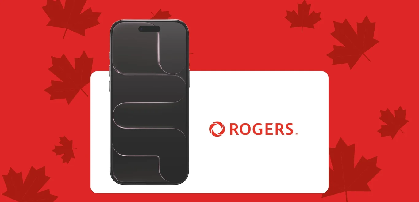 A black iPhone Air front facing device next to a Rogers logo inside a white container against a red background covered in dark red maple leaves.