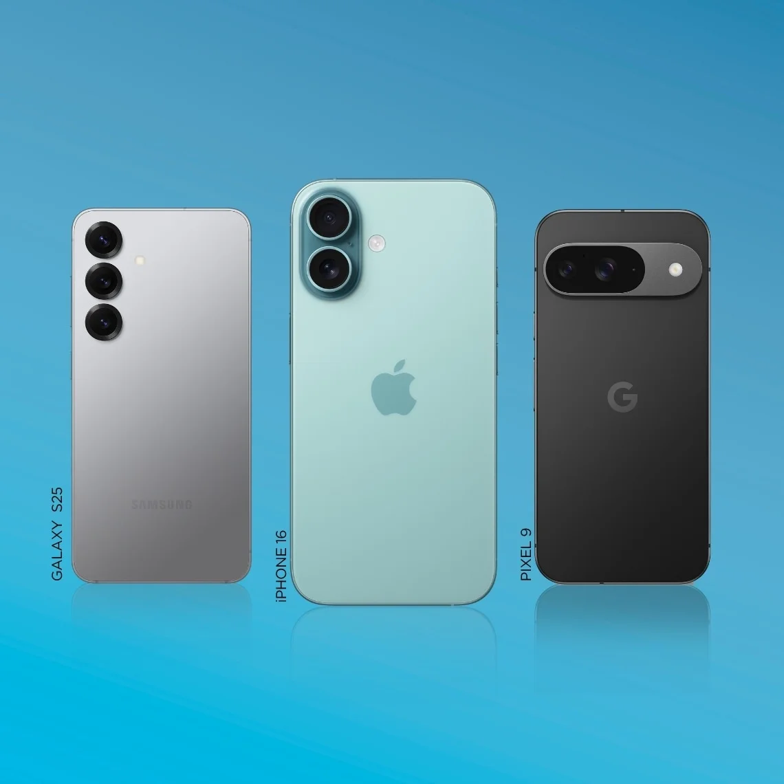 The back of a silver Samsung Galaxy S25, iPhone 16 and Pixel 9 from left to right on a light blue gradient background.