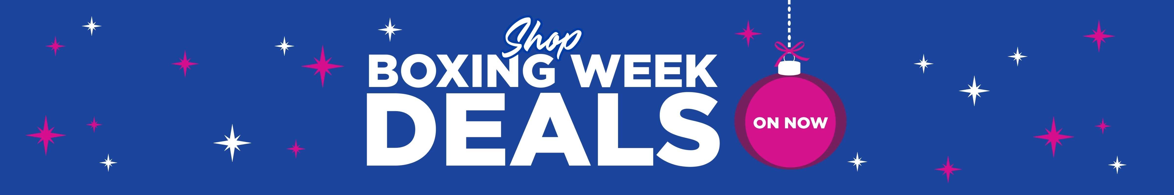 Boxing Week Event in glowing white cursive font above a pink bauble containing the words "ON NOW" surrounded by blue and pink sparkles on a deep blue background.