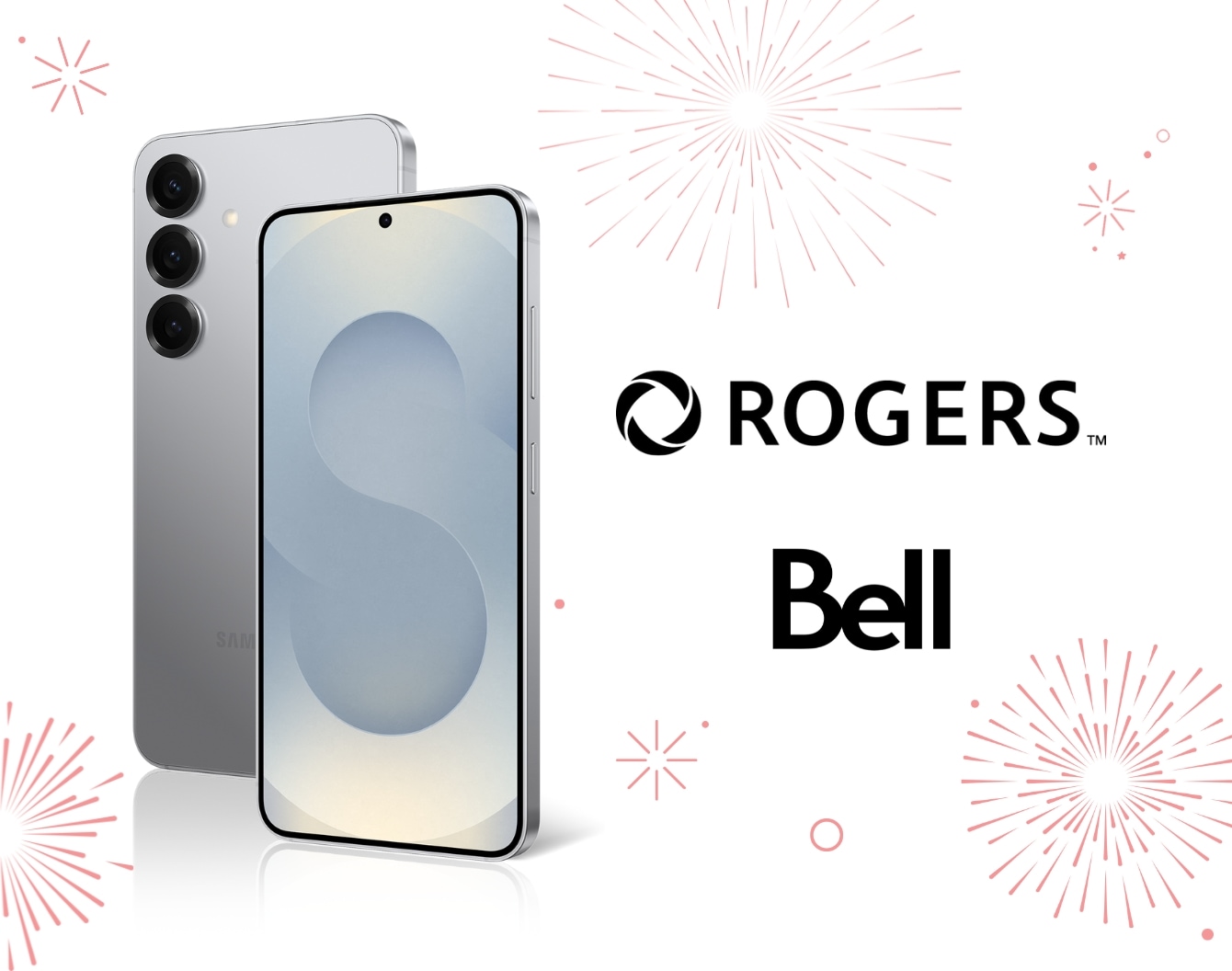 A silver Galaxy S25 next to bright red firework bursts and a bright red maple leaf
