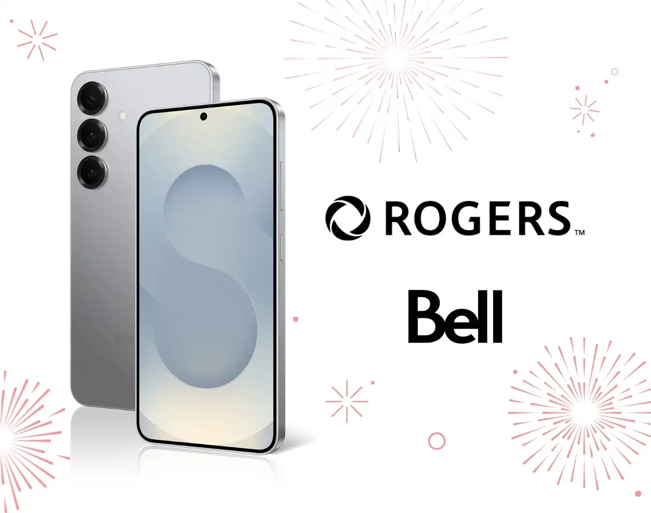 A silver Galaxy S25 next to bright red firework bursts and a bright red maple leaf