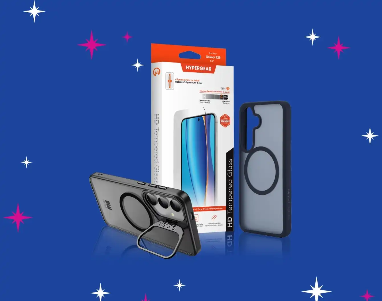 Étui Blu Element Galaxy S25 et protecteur d'écran sur fond bleu avec paillettes.