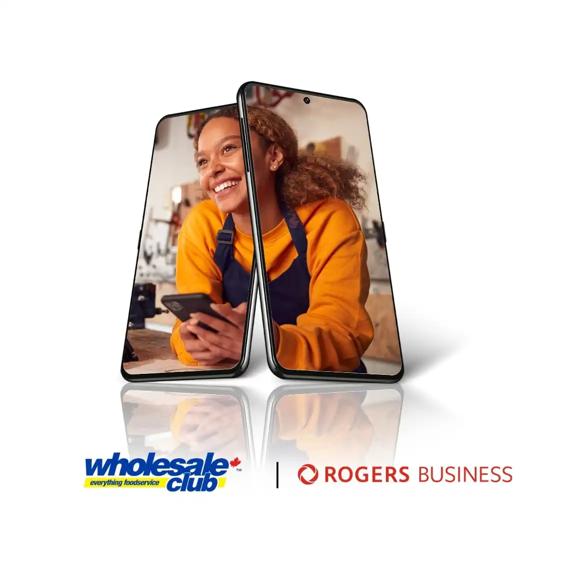 An employee rests on the counter within a phone screen above the red Rogers Business logo and yellow and blue wholesale club logos 