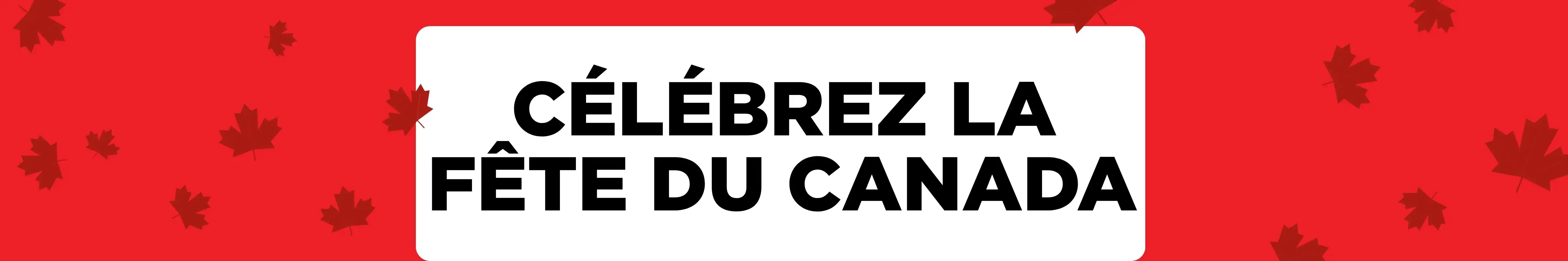 « CÉLÉBREZ LA FÊTE DU CANADA » en caractères noirs sur un fond rouge couvert de feuilles d'érable rouge foncé.
