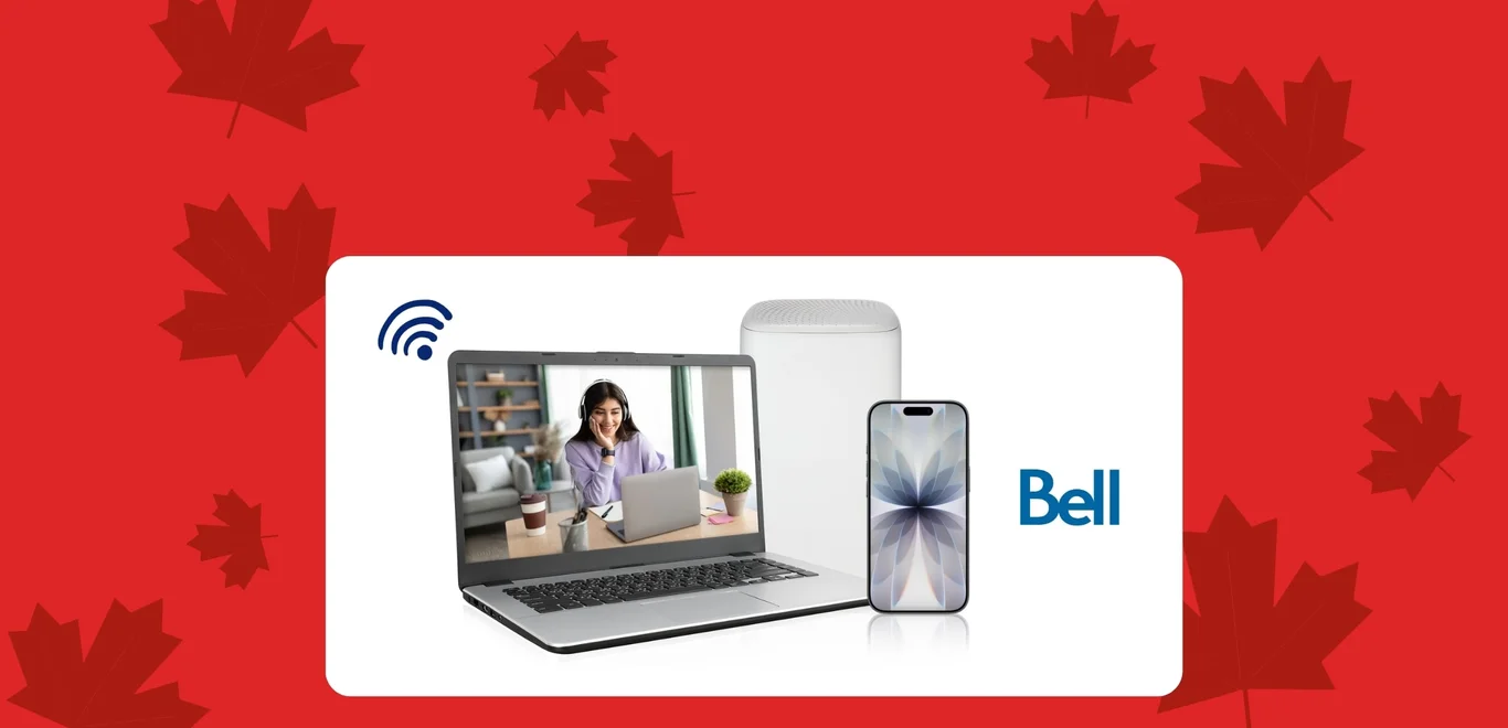 A laptop screen in front of a white modem displays a woman laughing while watching FIFA World Cup on her laptop next to a blue Bell logo.