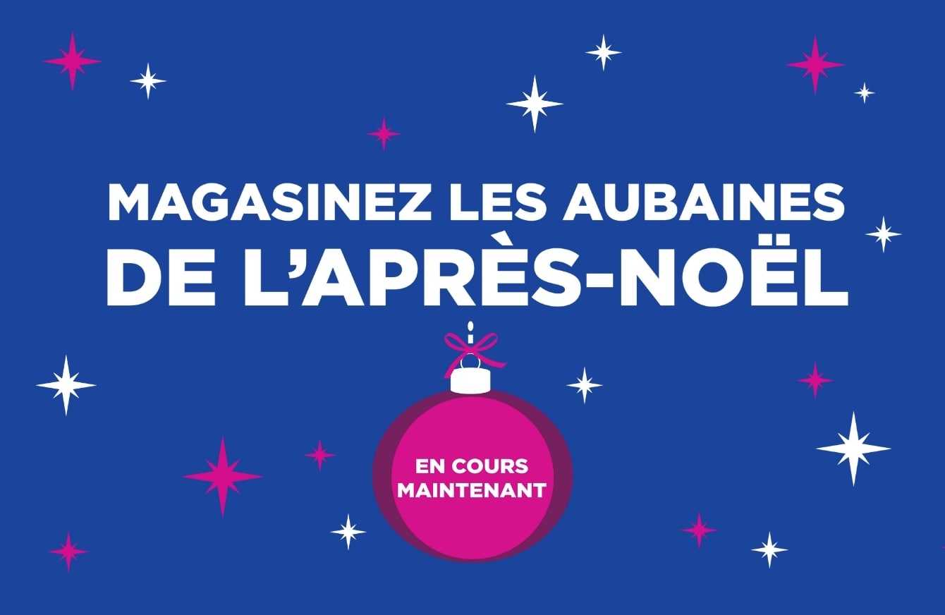Événement du Solde de l’Après-Noël en police cursive blanche et lumineuse, au-dessus d’une boule rose contenant les mots « MAINTENANT », entourée d’étincelles bleues et roses sur un fond bleu foncé