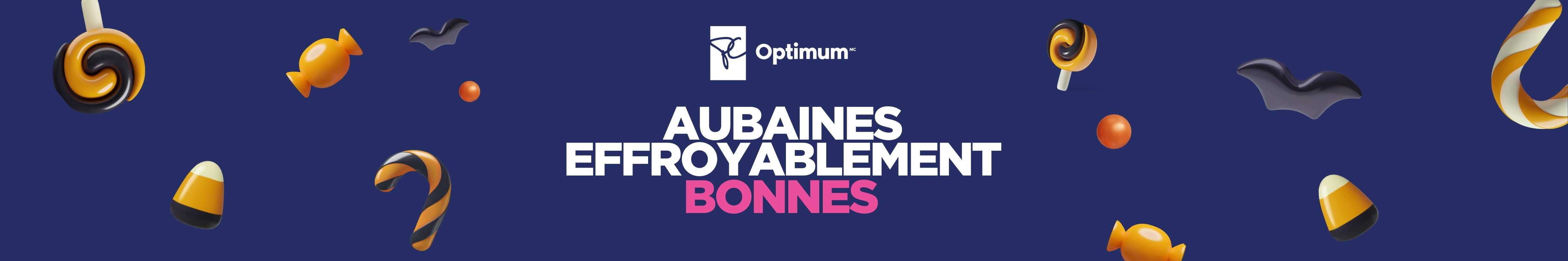 Des bonbons en forme de chauves-souris et des bonbons en forme de maïs sont dispersés autour de l'inscription « SCARY GOOD DEALS » (offres effrayantes) sous un drapeau blanc PC Optimum en lettres majuscules violettes vives sur fond bleu marine.