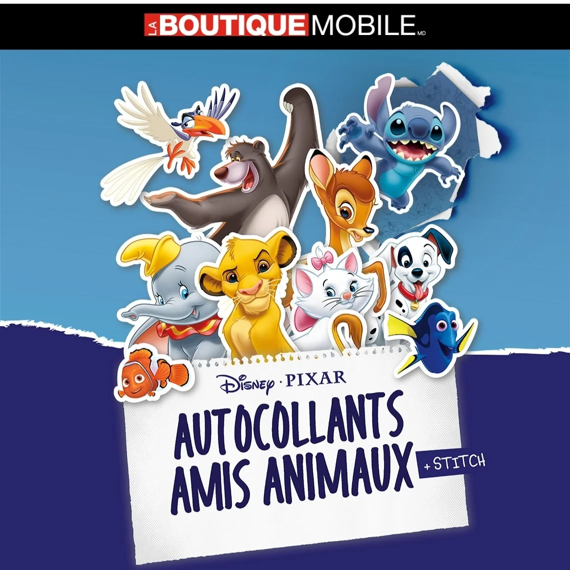 Autocollants Disney Animaux et Amis sous le logo The Mobile Shop sur un fond bleu marine.