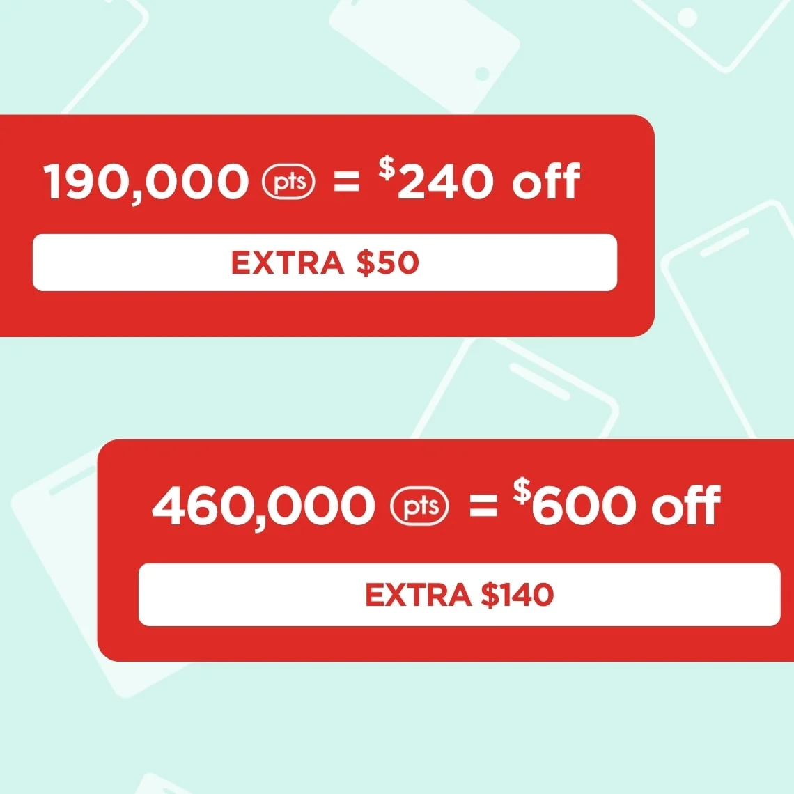 Two red rectangles display bonus points values ($190=$240 and $460=$600) for the bonus redemption event against a light green background.