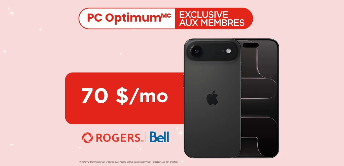L'avant d'un iPhone Air noir sur un fond rose, sous un macaron rouge qui indique « Membres PC Optimum seulement »