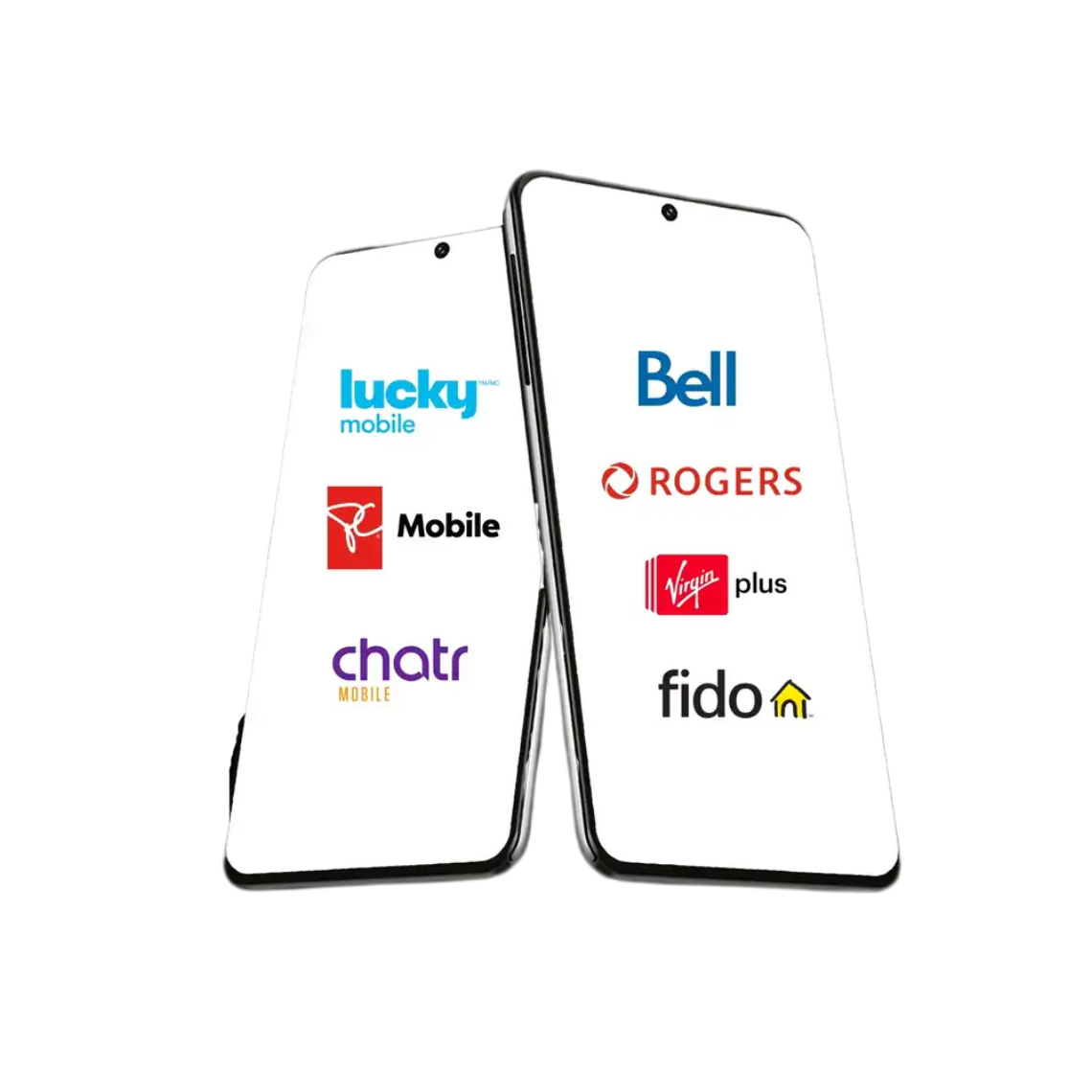  Two smartphone screens display carrier logos including Rogers, Bell Fido and Virgin Plus.