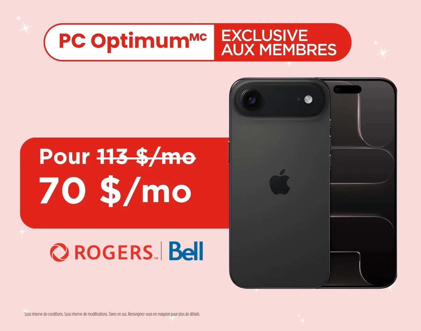 L'avant d'un iPhone Air noir sur un fond rose, sous un macaron rouge qui indique « Membres PC Optimum seulement »