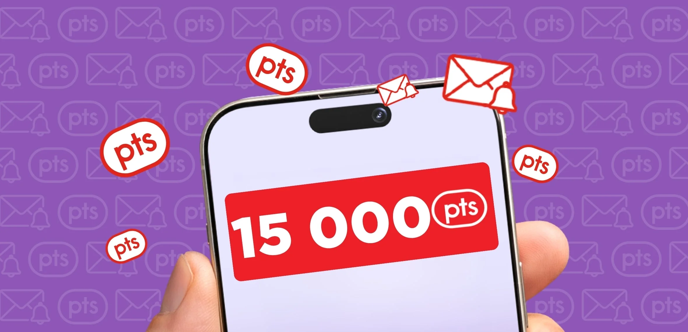 Une main tient un smartphone affichant « 15 000 points PC Optimum », entouré de pastilles de points PC Optimum rouges.