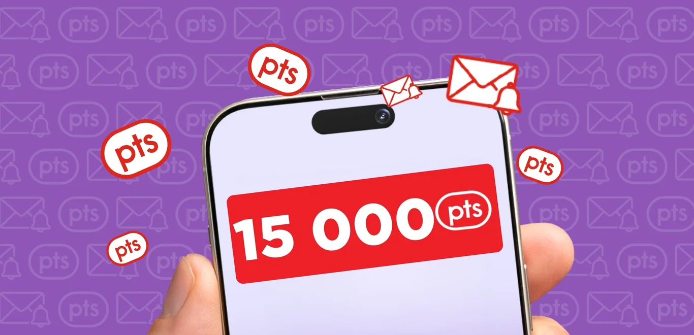 Une main tient un smartphone affichant « 15 000 points PC Optimum », entouré de pastilles de points PC Optimum rouges.