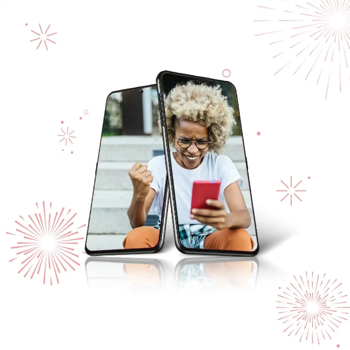 A person celebrates by raising their fists inside of a blank phone screen next to bright red firework bursts and a bright red maple leaf