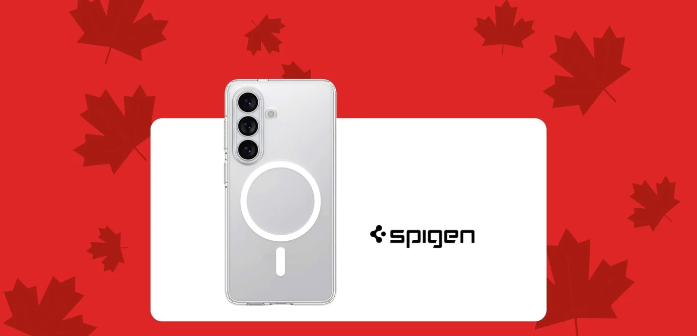 Un étuis Spigen argente à l'intérieur d'un contenant blanc, sur un fond rouge couvert de feuilles d'érable rouge foncé.
