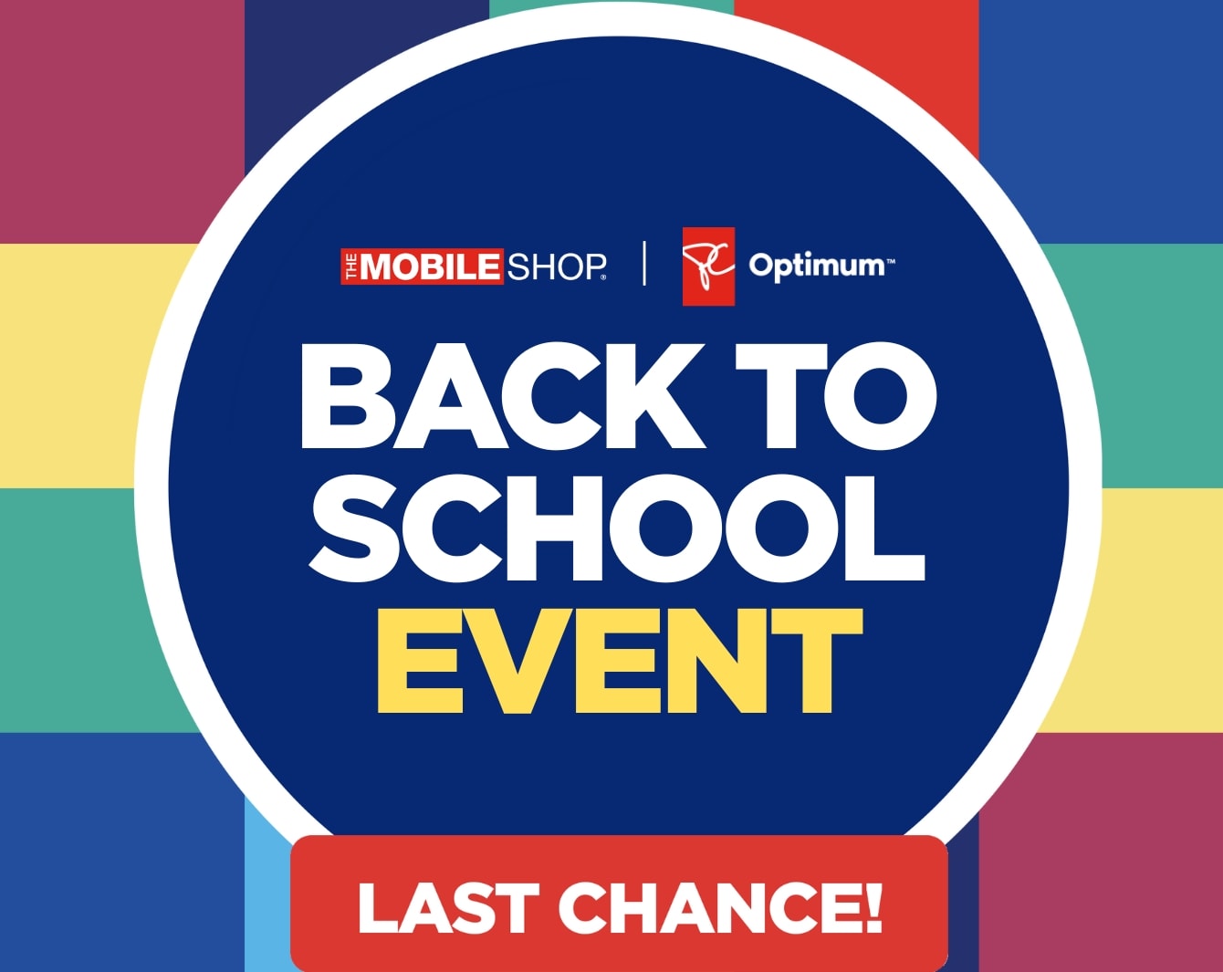 A circle that contains text that says "Back to school event" under The Mobile Shop and PC Optimum logo against colourful tiles.
